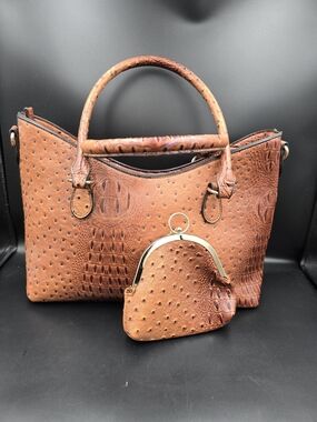 Women’s Brown Ostrich-Texture Tote with Matching Coin Purse